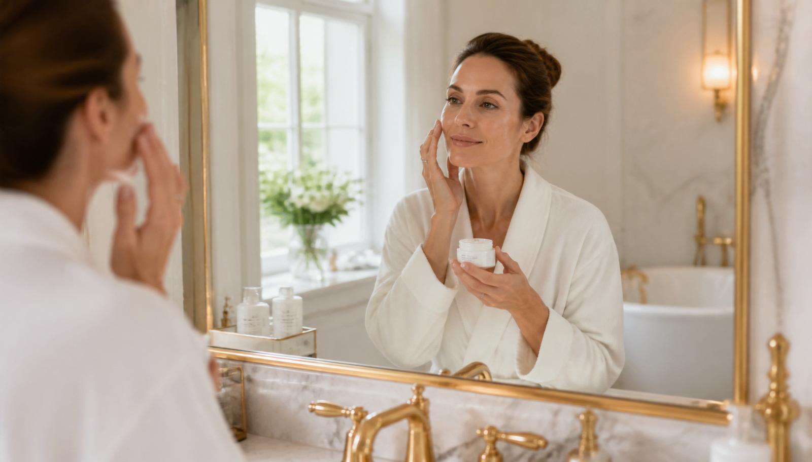 Mujer realizando su rutina de skincare frente al espejo en un baño elegante